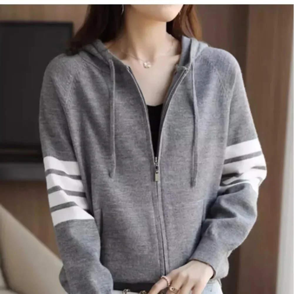 

Autumn Winter Loose Casual Striped Printed Knitted Sweatshirts Korean New Y2K Chic Coat Zipper Top Women Y2K Solid Color Hoodies