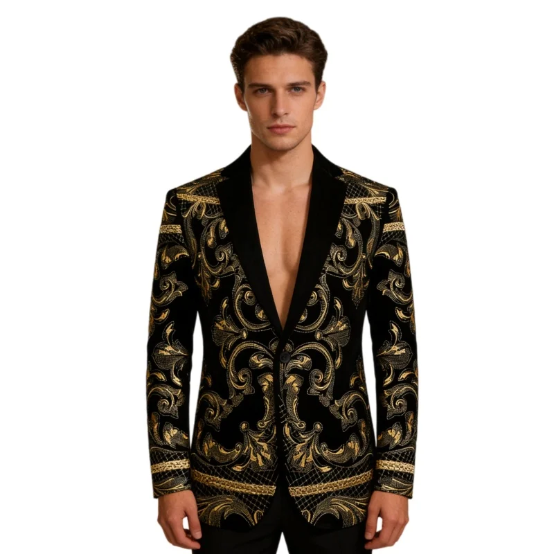 

Men's Black Velvet Gold Embroidery Suit Jackets Groom Wedding Banquet Single Button Blazer Singer Host Stage Performance Tuxedo