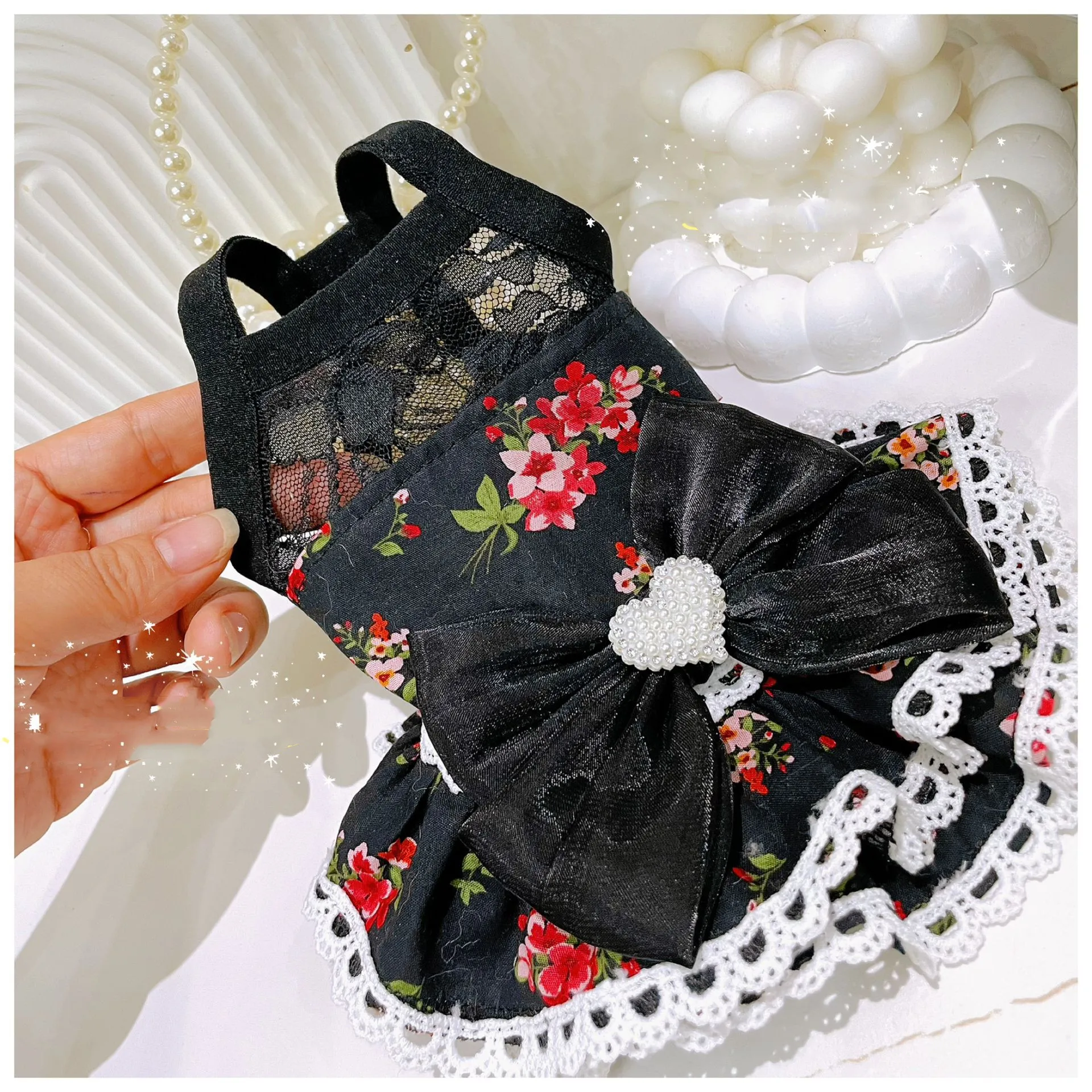 Vestido floral negro de estilo retro para hermana de mascotas/vestido para madre Chihuahua Teddy Yorkshire ropa para cachorros