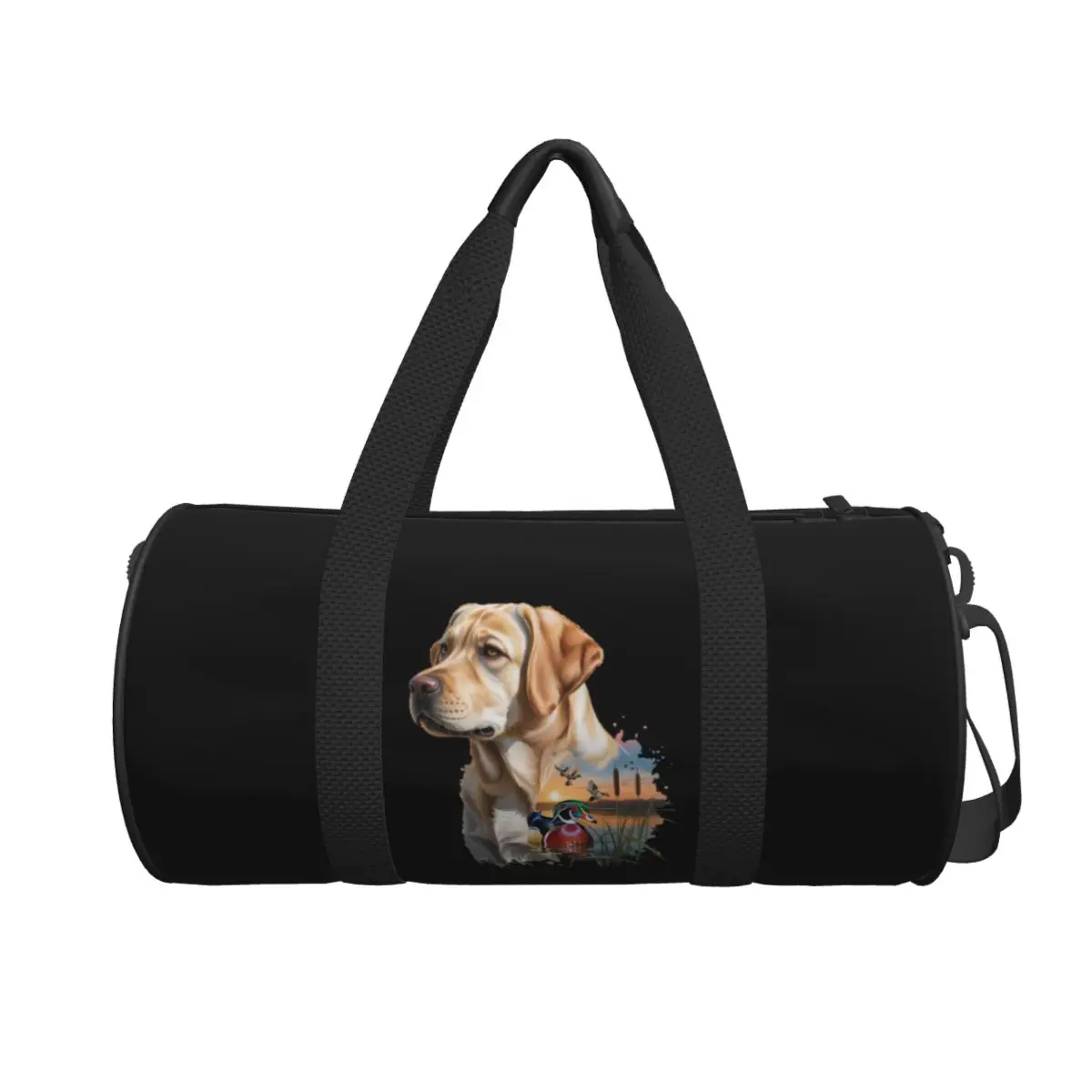 

Желтая лабрадор и деревянная утка Восход солнца Большая спортивная сумка Водонепроницаемая дорожная сумка Сумки Сумка для фитнеса