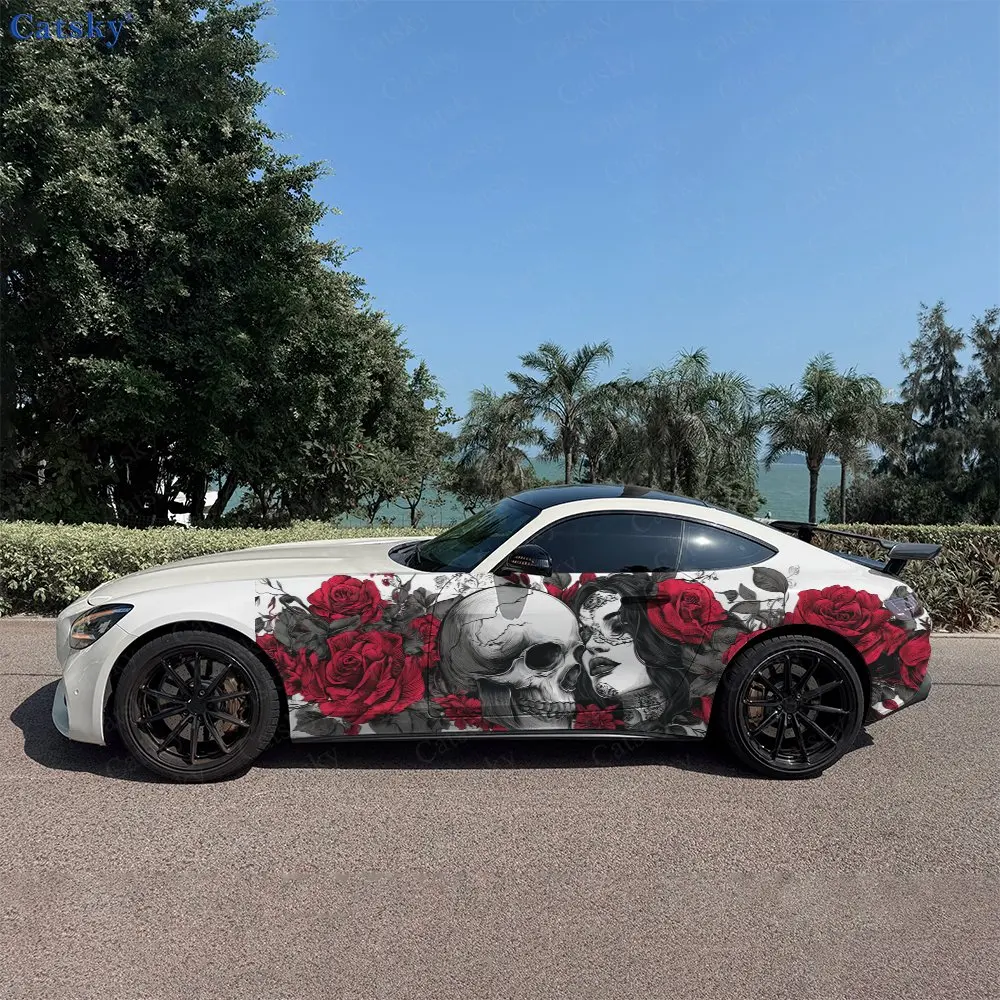2pcs Day of The Dead Couple with Roses Car Side Wraps, Self-Adhesive PVC Waterproof & Scratch-Resistant Stickers, Car Accessory