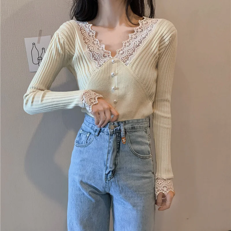 Simplicity Autumn/Winter Sweaters Women's V-Neck Solid Lace Embroidered Flares Patchwork Fashion Loose Long Sleeve Knitting Tops