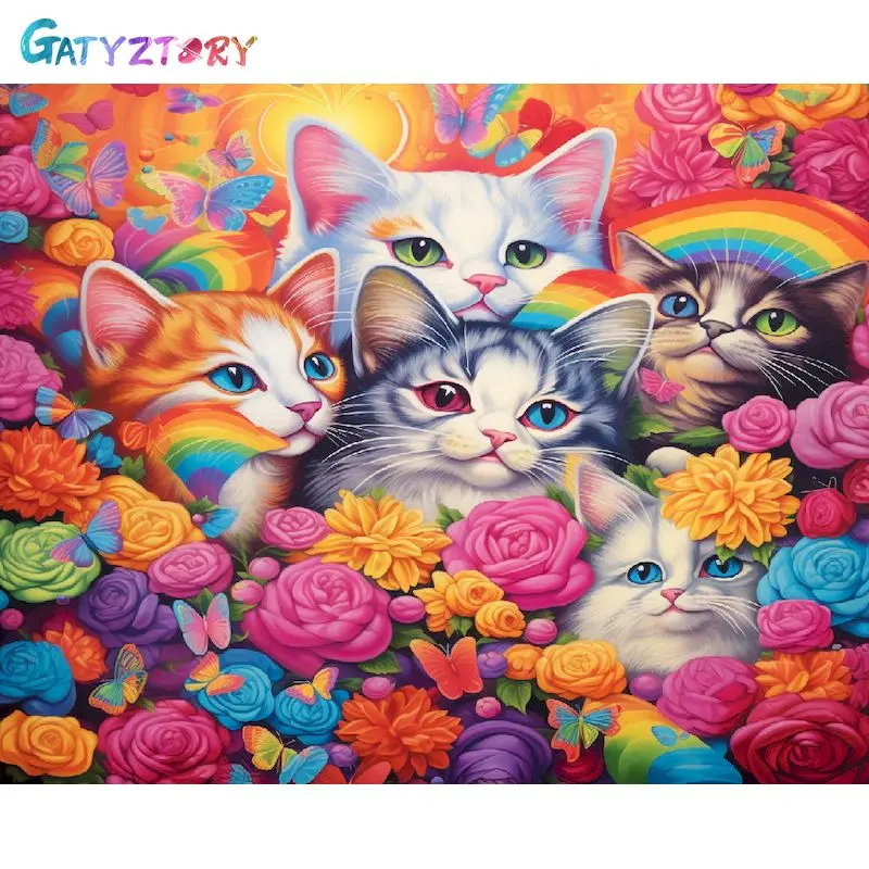 

GATYZTORY Diy Painting By Numbers For Adults Frame Kits Cats And Flowers Handpainted Acrylic Paint With Numbers For Home Decors