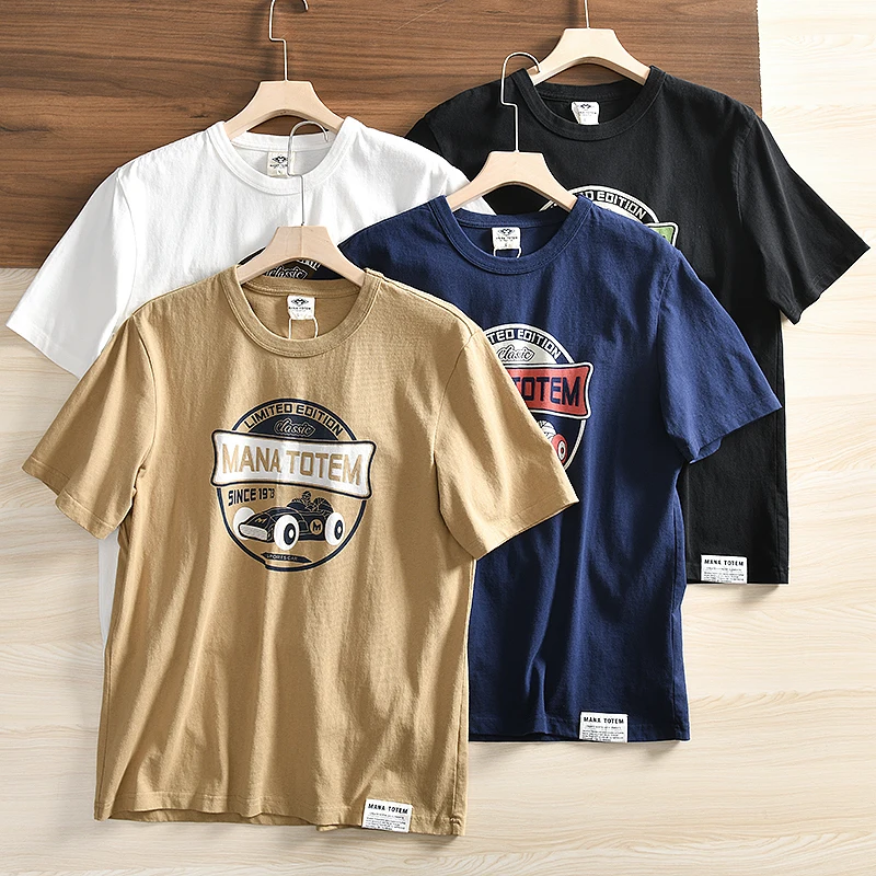 Summer New American Retro Short-sleeved O-neck Letter Printed T-shirt Men\'s Fashion Simple 100% Cotton Washed Casual Sport Tops