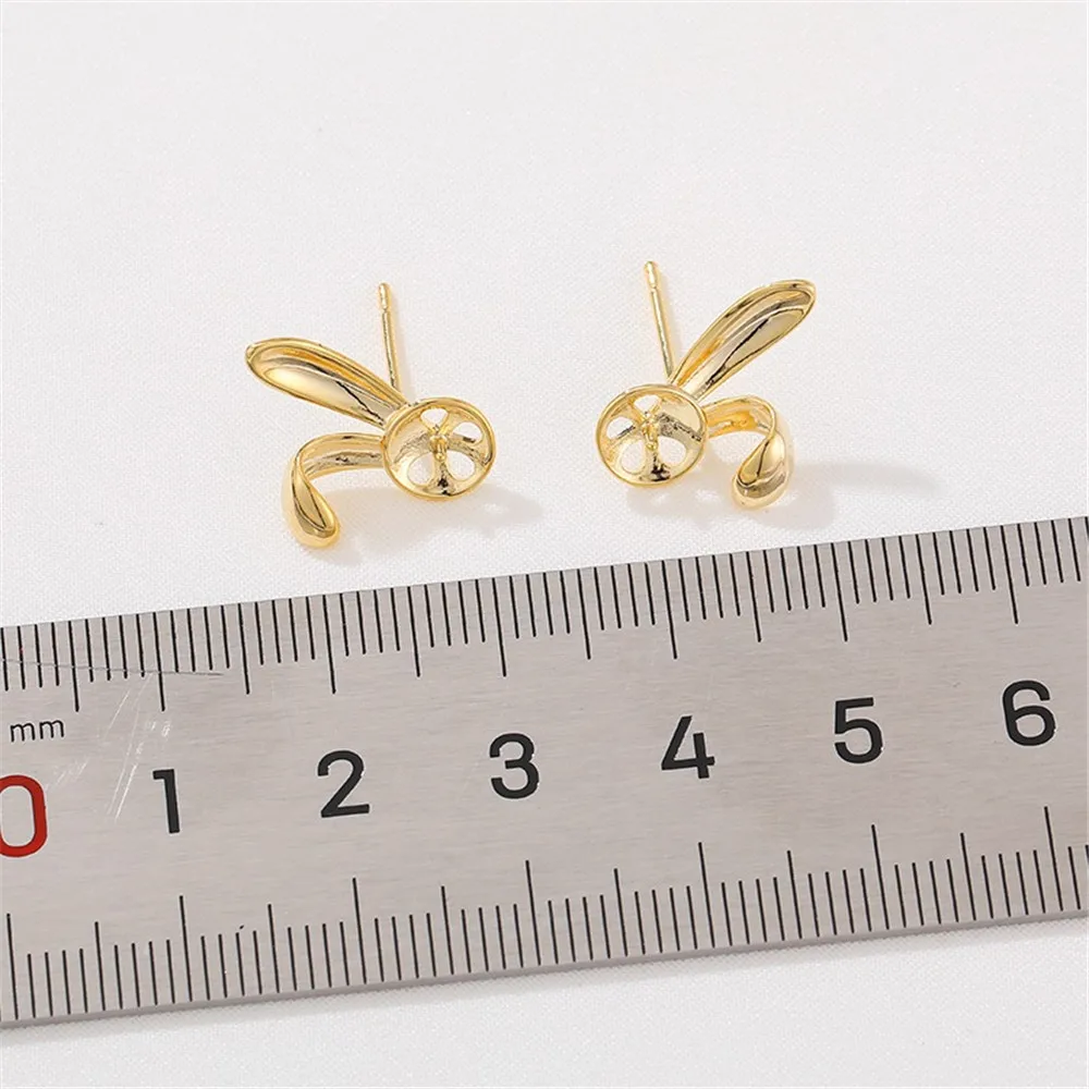 14K Gold-Color Cute Rabbit Ear Studs, Empty Bracket, Half-hole Bead Tray, DIY Handmade Pearl Tray, Ear Jewelry Accessories E093