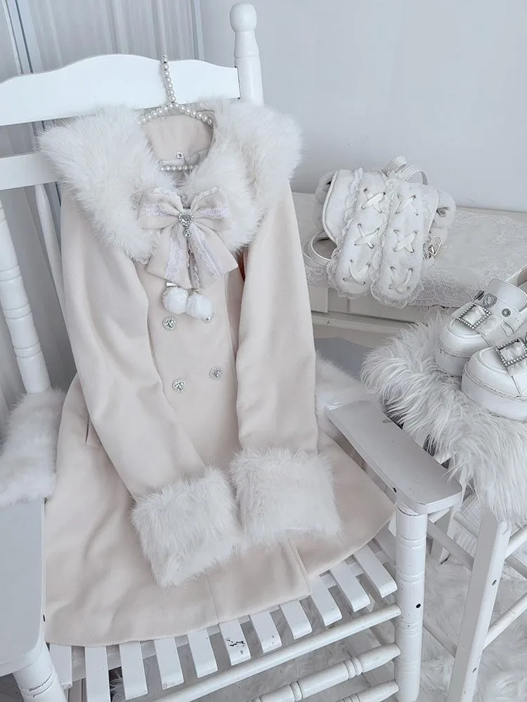 Japanese Kawaii Parkas Long Sleeve Princess Style Coat + Bow Scarf Sweet Women Casual Two Piece Set Lolita Autumn Clothing