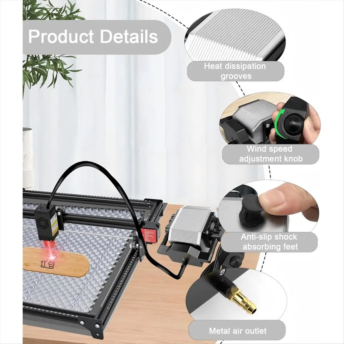 مساعدة هواء HITL للقطع والنقش بالليزر، مساعدة هواء قوية 80 لتر/دقيقة للقطع، مساعدة هواء منخفضة الضوضاء بمقبس أمريكي B