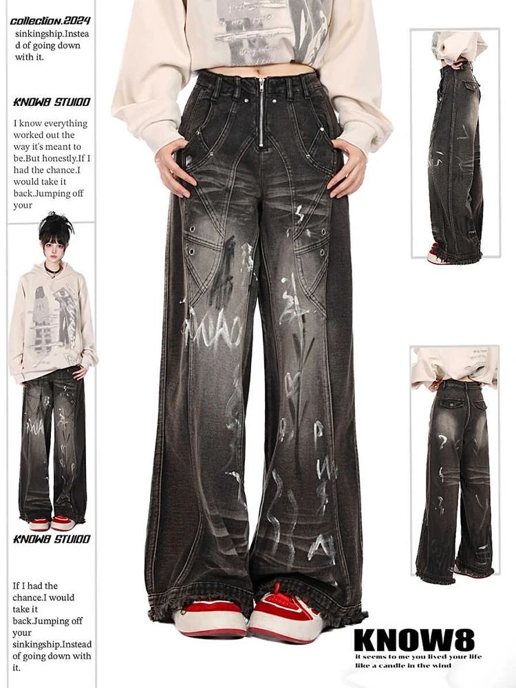

Осень-зима 202, женские джинсовые брюки с граффити Y2K, мешковатые широкие джинсы Goblin Core, темные академические мужские ковбойские брюки в стиле Харадзюку, новинка