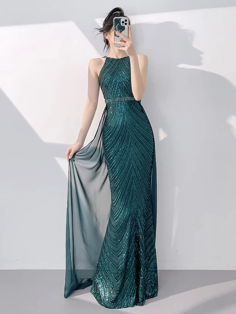 

Ele een Sequin Evening Gown Women's High-End Tailored Fi Tail Dr for Par Wedding Performance Korean Sle Long S...