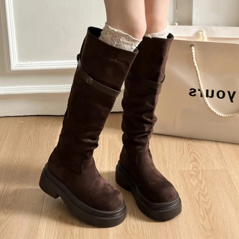 

Flats Platform Women's High Boots Fad Suede Knee High Shoes Winter 2025 Warm Long Motorcycle Boots New Goth Trend Mujer Botas