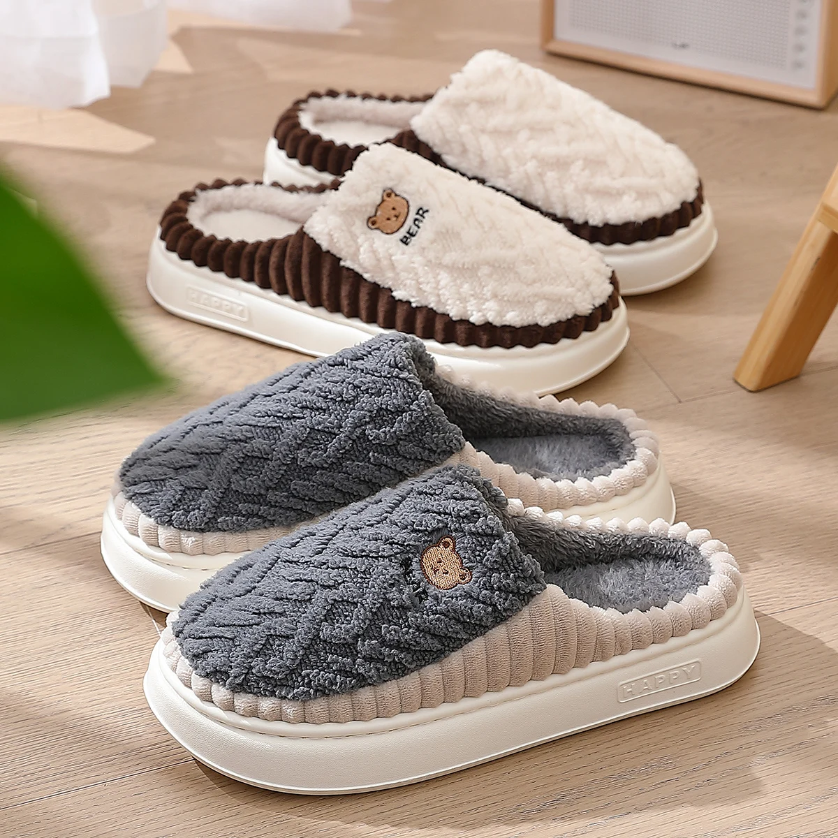 Winter Warm Cartoon Bear Print Knitted Women Plush Slippers Non-slip Thick Furry Couples Men Home Cotton Shoes