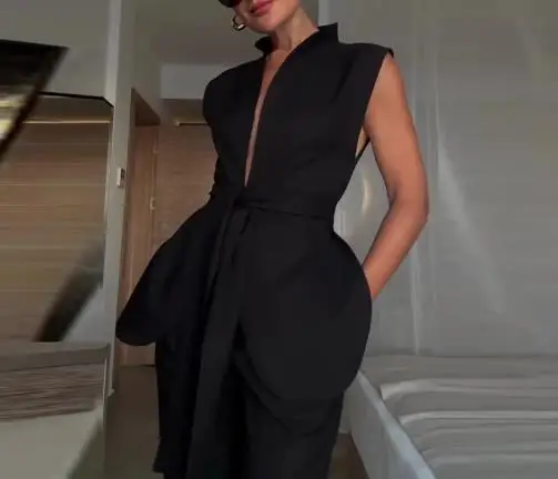 

Two Piece Set Women Outfit 2025 Summer New Fashion Sleeveless Lace Up V-Neck Vest Top & High Waist Casual Daily Shorts Set