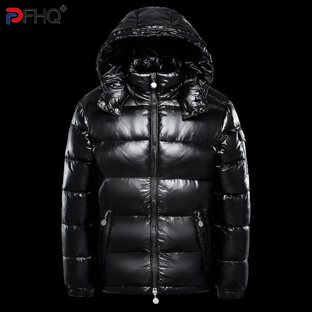 PFHQ Down Cotton Jacket Glossy Surface Men\'s Hooded Thick Bread Coat 2024 Solid Color Warm Long Sleeve Male Tops 21Z7542