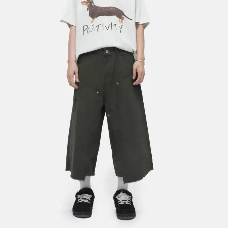 Celana Pendek Denim Pria Model Baru 2025, Desain Sobek dan Berlubang, Gaya Amerika, Warna Solid, Longgar, Model Lurus