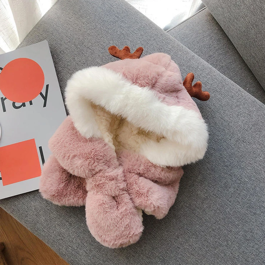 Winter Kids Hat for Boy Girl Cartoon Deer Antler Scarf One-Piece Faux Fur Baby Bonnet Thicken Infant Earflap Cute Christmas Gift