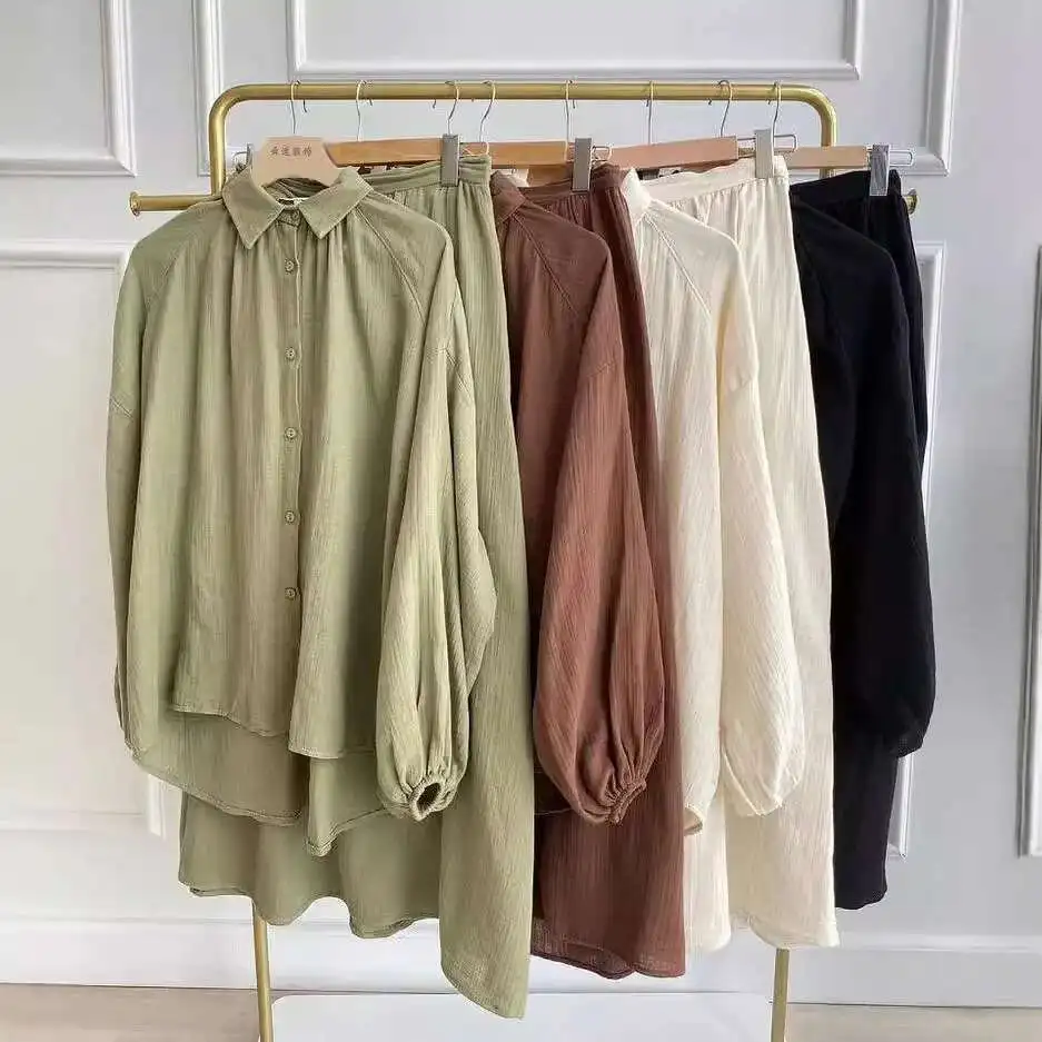 2025 femmes musulmanes printemps et automne nouveau Style bulle manches chemise jupe mode ensemble décontracté Ramadan dubaï luxe Islam élégant