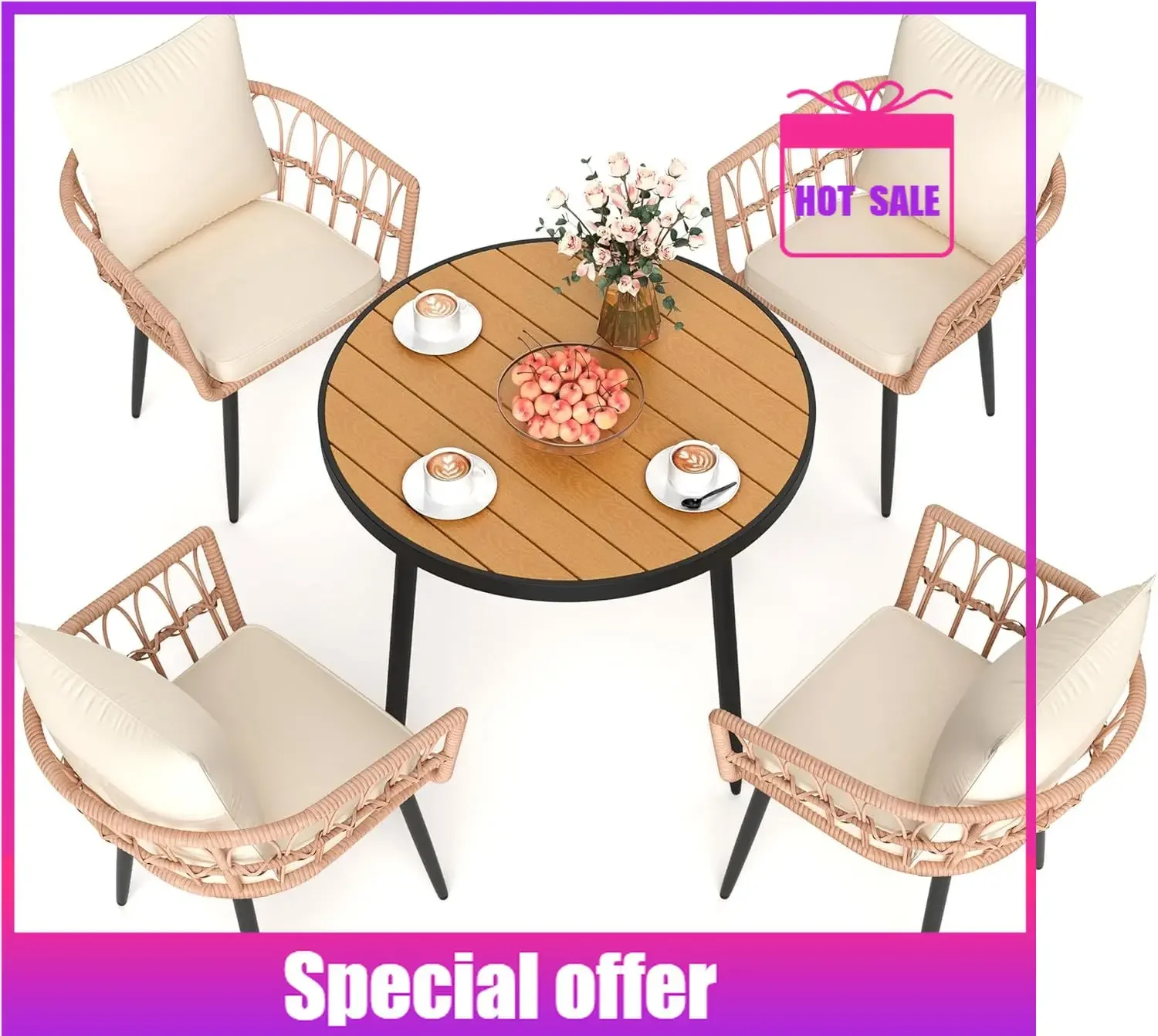 

BestsellerBestsellerHot sale 5 Pieces Patio Dining Set, All-Weather PE Rattan Patio Furniture Set with Wood Table Top, Outdoor T