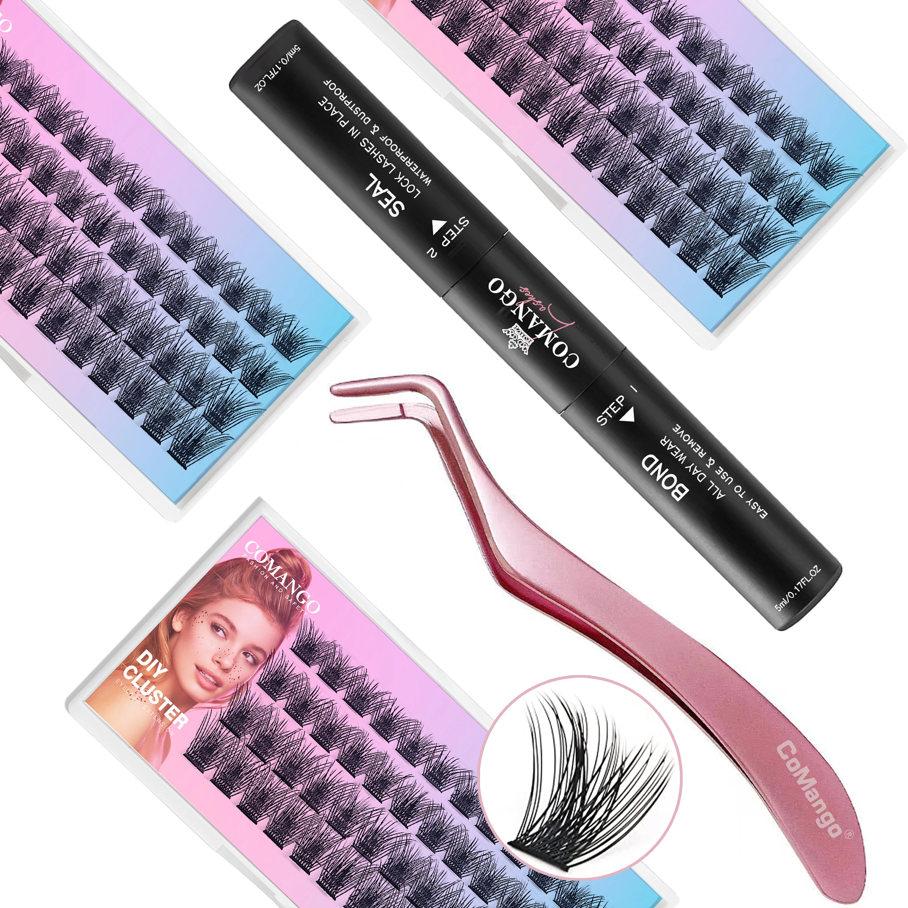 CoMango-DIY Lash Extensões Set com Wispy Lash Cluster e Cluster, Bond e Sealer, Eyelash Cluster Pinça