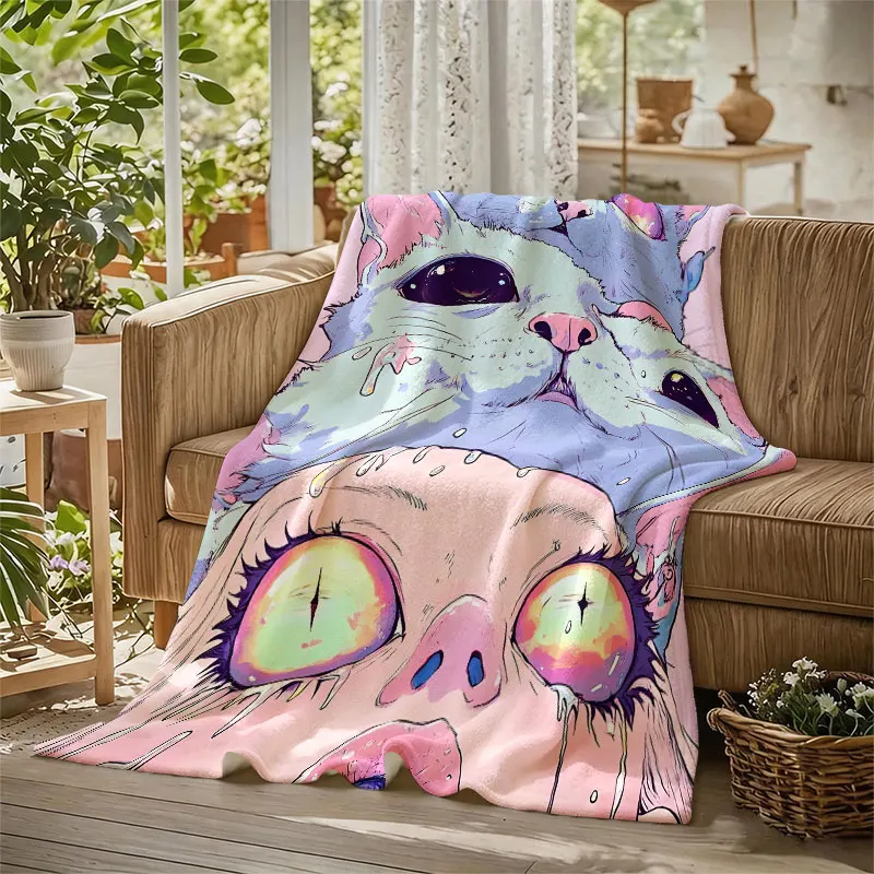 Pastel Surreal Cat Art Flannel Blanket Warm Soft Halloween Christmas Decorative Couch Warm Cozy All-Season Gift