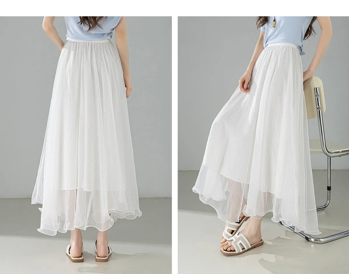 SENTUBILA Eleganter Hochgeschnittener Schimmernder Chiffon A-Linien-Rock 2026 Sommer Weißer Netzrock mit Elastischem Bund Damen-Unterteil W62QG7415 – Detail 24