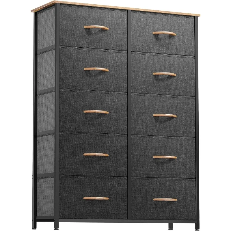 10 Drawers Dresser, Fabric Dresser, Tall Chest Organizer Unit for Living Room, Hallway, Closets - Sturdy Steel Frame, Wooden Top