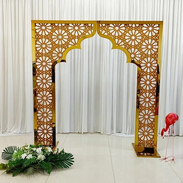 

Romantic Carved Mirror Wedding Arch Gold Metal Stage Backdrop Frame for Festival Event Decor