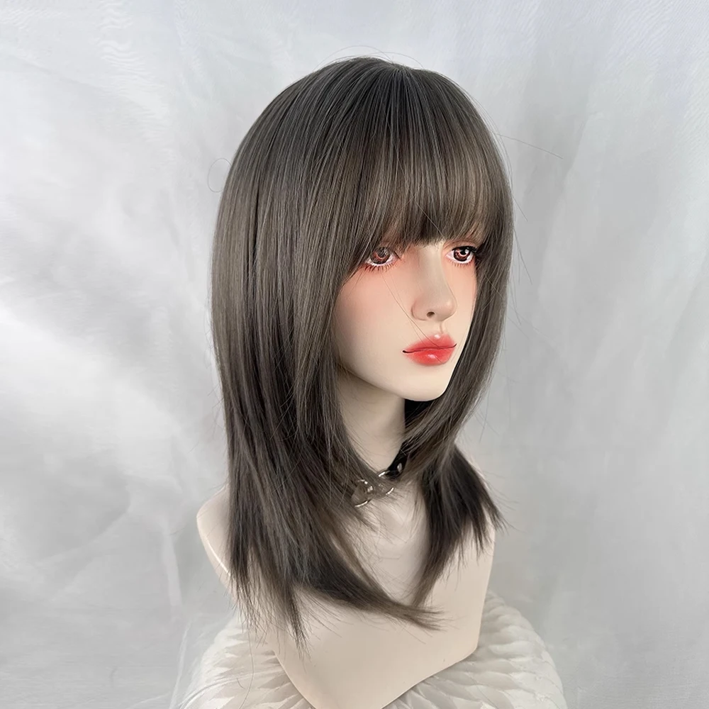 Peluca gris recta corta sintética para mujer, Cosplay de Lolita, peluca esponjosa con flequillo resistente al calor para fiesta diaria