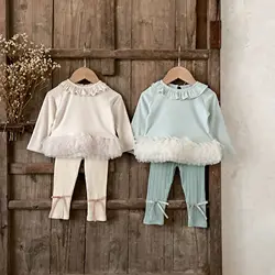 Newborn Baby Girl Cotton Ruffled Pullover+Bow Knitted Pant 2PCS Infant Toddler Child Clothes Set Autumn Winter Baby Clothes 0-2Y