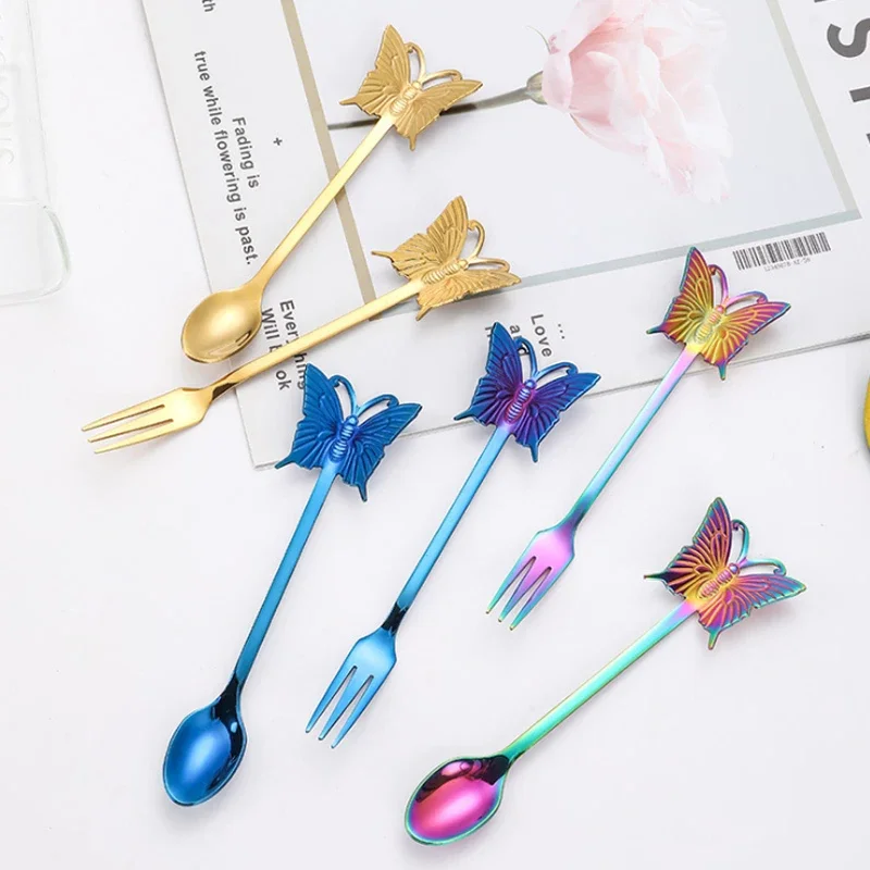 1Pc 304 Stainless Steel Coffee Spoon Teaspoon Gold Plated Sugar Dessert Fruit Fork Mirror Polishing Butterfly Handle Dinnerware