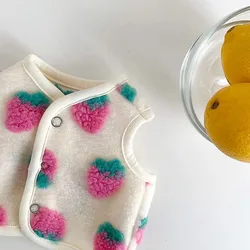 Pink Strawberry Pattern Dog Clothes Pet Winter Warm Vest Teddy Casual Open Button Shirt Small and Medium Dog Fruit Clothes