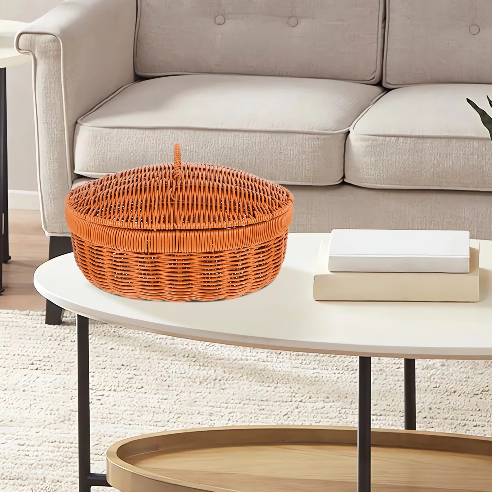 

Woven Fruit Basket with Lid Plastic Storage Basket for Bread Snacks Dried Fruits Kitchen Sundries Organizer