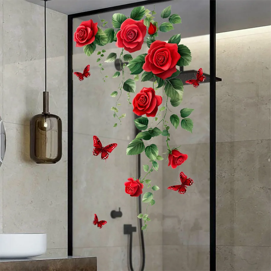 1pc Watercolor Romantic Rose Glass Stickers, Suitable for Wall Decoration in The Entrance Hall, Bedroom Bathroom and Living Room view 3