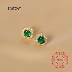 Real 925 Sterling Silver Fashion Green CZ Stud Earring For Daughter Girls Kids Lady Birthday Gift Fine Jewelry DE0083