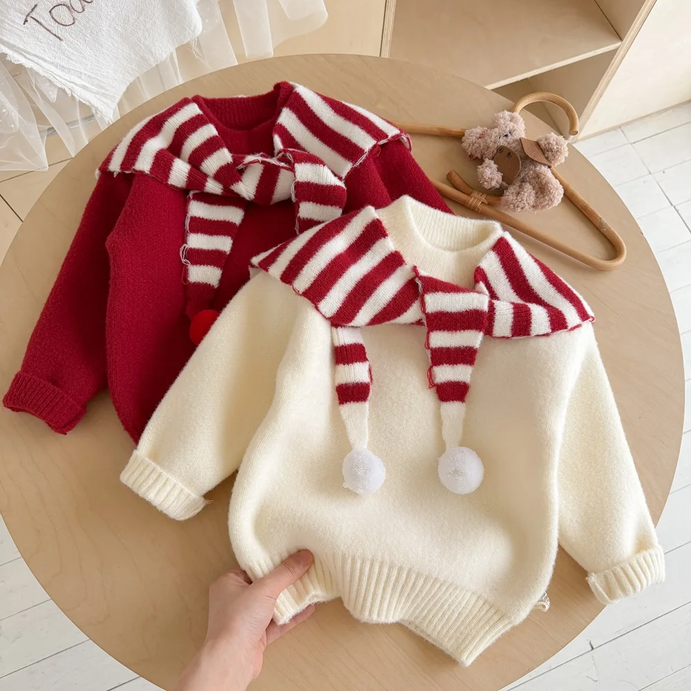 2026 Playful Detachable Stripe Collar Festive Cozy Sweaters for Girls Sweet Fluffy Pom-poms Children Party Knit Clothes JY10041