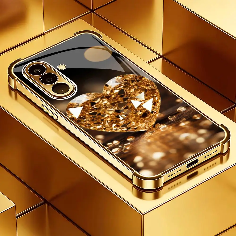 Flash Diamond Gold Love Glass Phone Case Suitable for Samsung Galaxy S26 S25 S24 S22 S21 S20 FE/Ultra/Plus Anti Drop Back Cover