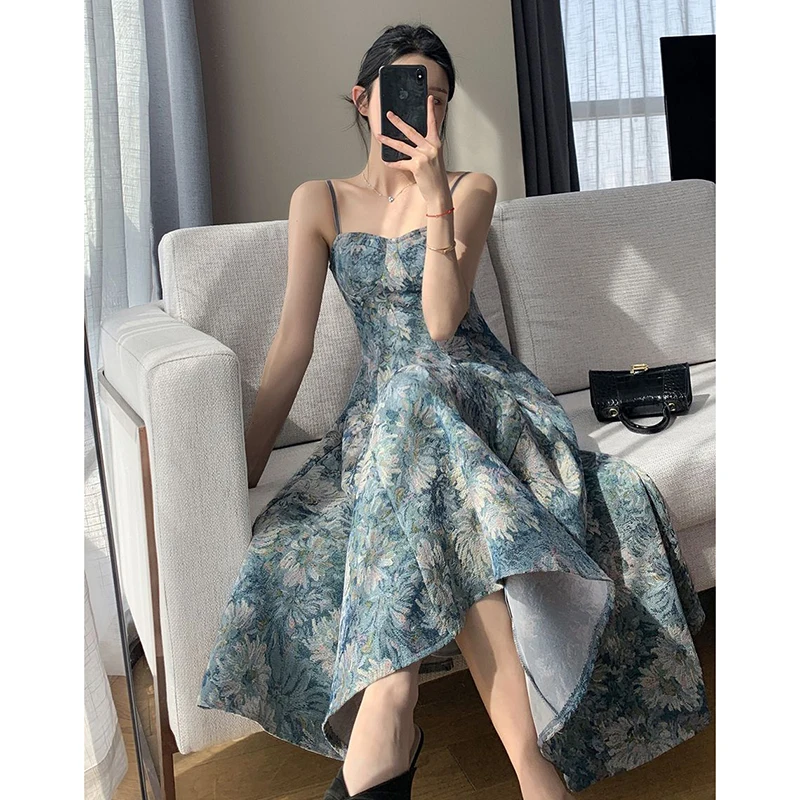 GIDYQ Elegant Floral Dress Women Sexy Sleeveless Strap Midi Dress Korean Casual Slimming Waist Party Camisole Dress Summer New