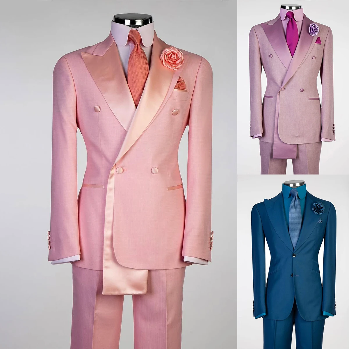 

Unique Modern Pink Satin Wedding Men Suits Peaked Lapel Special Occasion Gowns Party Prom Wear 2 Pieces Jacket Pant Customized