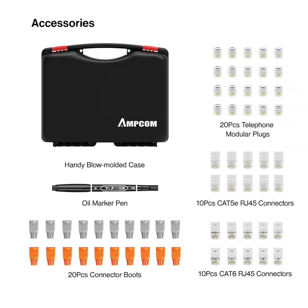 AMPCOM-Kit de herramientas de red, probador Lan RJ45, crimpadora Cat6 CAT5E, conectores RJ11, herramienta de perforación, pelacables, alicates, Cable Ethernet