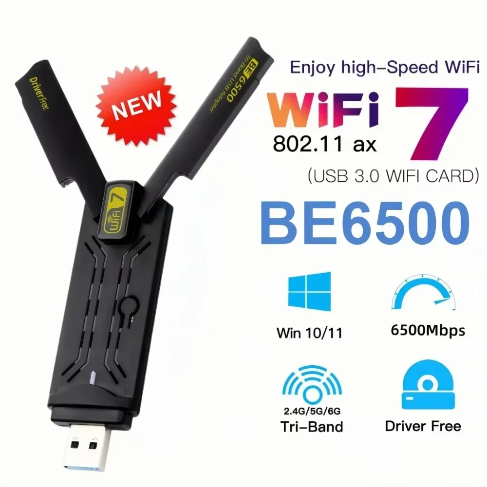 kebidumei USB 3.0 WiFi 7 Adapter 6500 Mbit/s Drahtlose Netzwerkkarte 2,4 G & 5G & 6G Tri Band Wi-Fi Empfänger WiFi Ethernet Adapter Für Win10/11 4