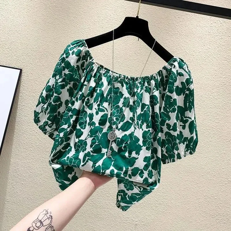 Floral Print Chiffon Chic Bohemian Slash Neck Strapless Women\'s Blouse Shirt Short Sleeve Loose Pullover Blouses Summer Z559