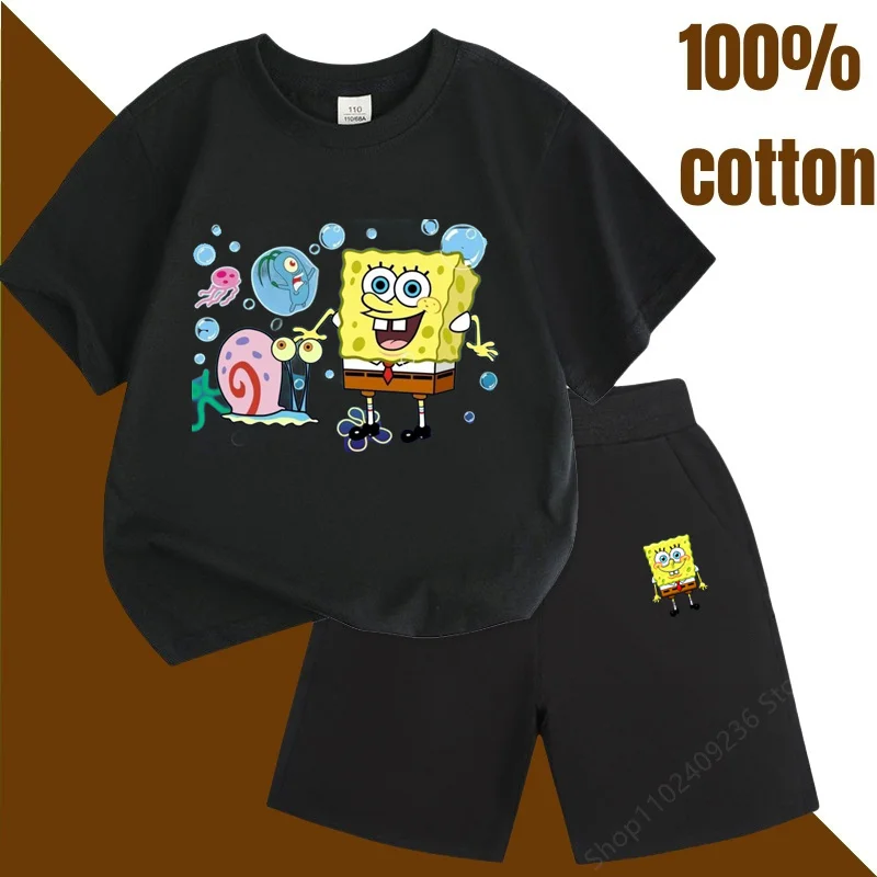 2024 New Cartoon Spongebob Stitched 100% Cotton Suit Children  Summer Children T-Shirt Boys Girls Short Sleeve Child Sets