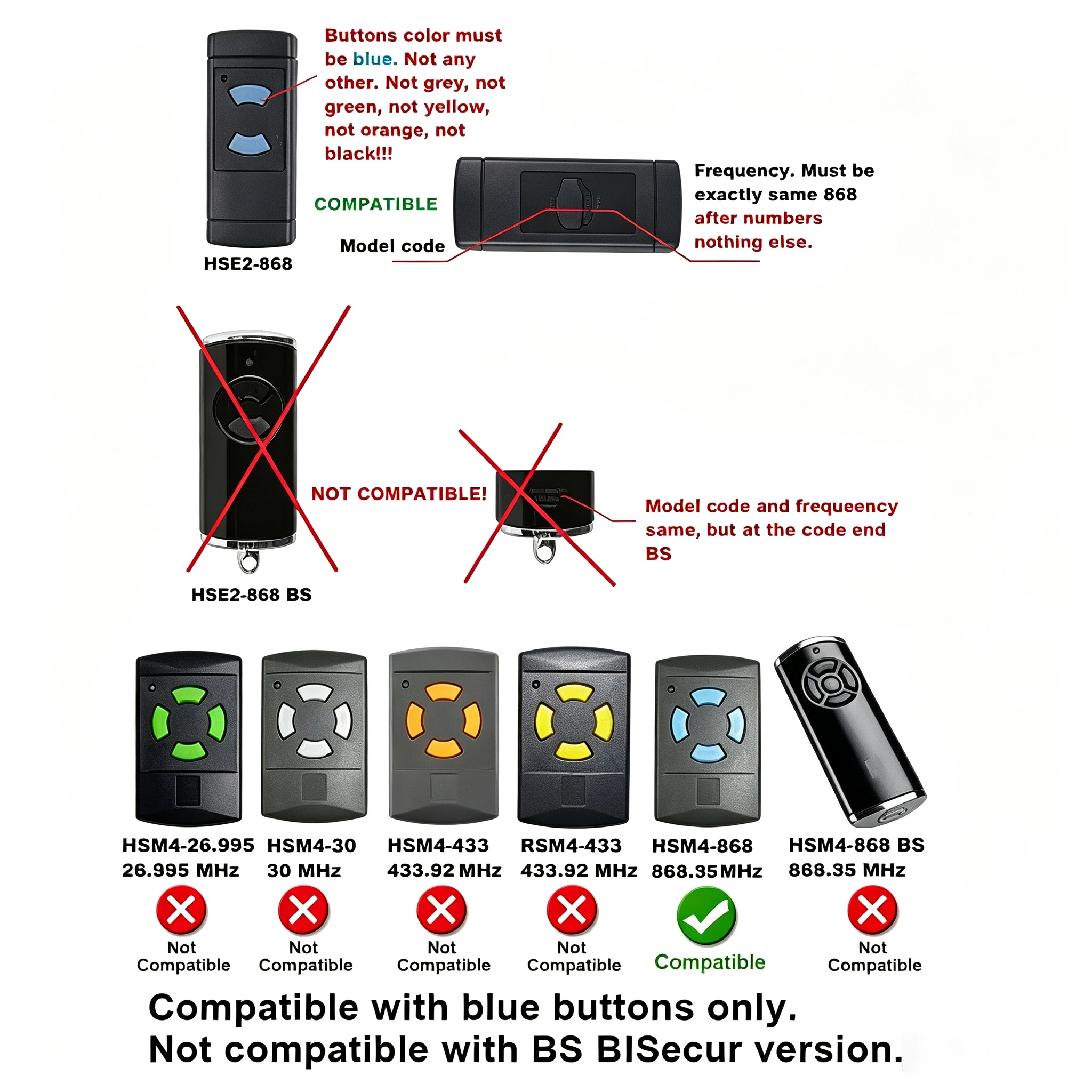 868.35MHz Garage Gate Remote Control 4 Button Blue Key Replacement for HSE2-868 HSM4-868 HS1 HS4 HSD2 Electric Door Opener Clone
