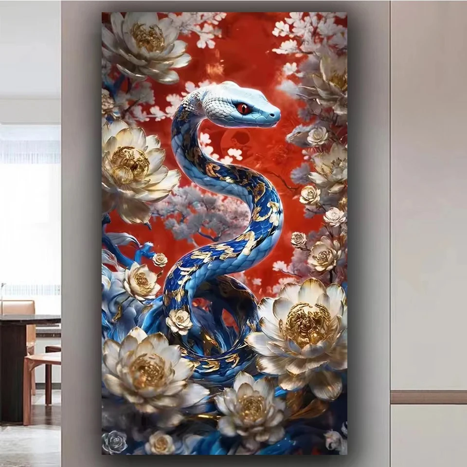 5D DIY Large Diamond Painting Cross Stitch Kits Chinese Peony Snake Floral Art Full Square Diamond Mosaic Embroidery Home Decor