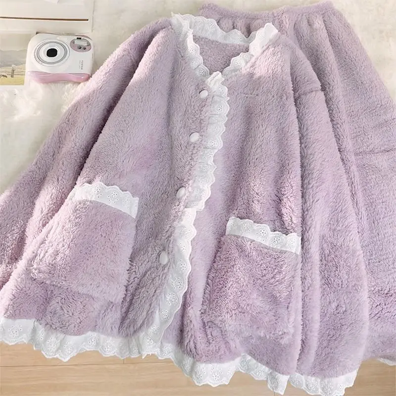 

Зимняя одежда для сна из кораллового флиса для женщин с утолщенным флисом, милая зимняя домашняя одежда для девочек Женская Пижама