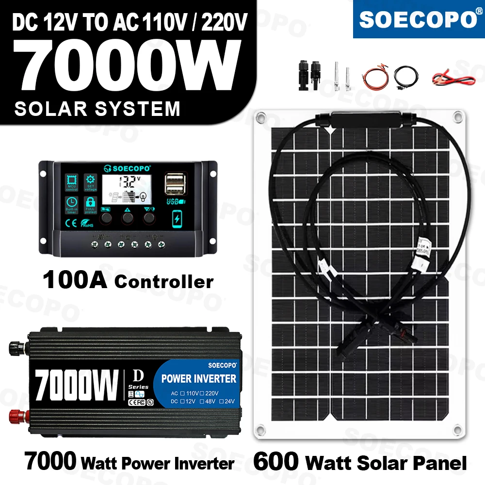 【Flexible y Fácil de Usar】Kit Solar Portátil SOECOPO de 7000W | Panel Flexible de 750W con Inversor y Controlador de Carga de 100A para RV/Barco