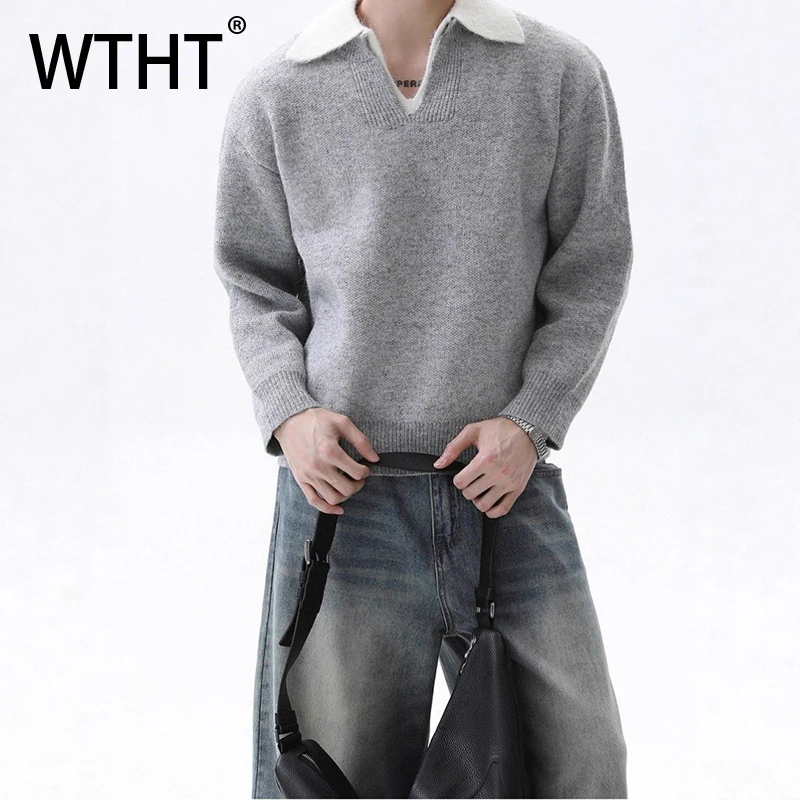 

WTHT Fashion Men's Spliced Fake Two-pieve Contrast Color Sweater Trendy 2025 Winter Laple Loose Casual Pullover Male 2A2426