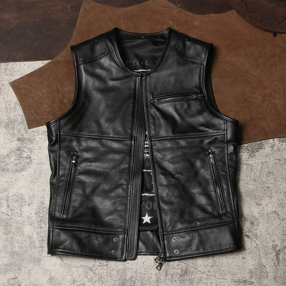 

Tailor Brando Мотоциклетная куртка для лошади на плечах Клубный мужской и женский кожаный жилет для верховой езды Мягкий тонкий жилет из воловьей кожи с круглым вырезом