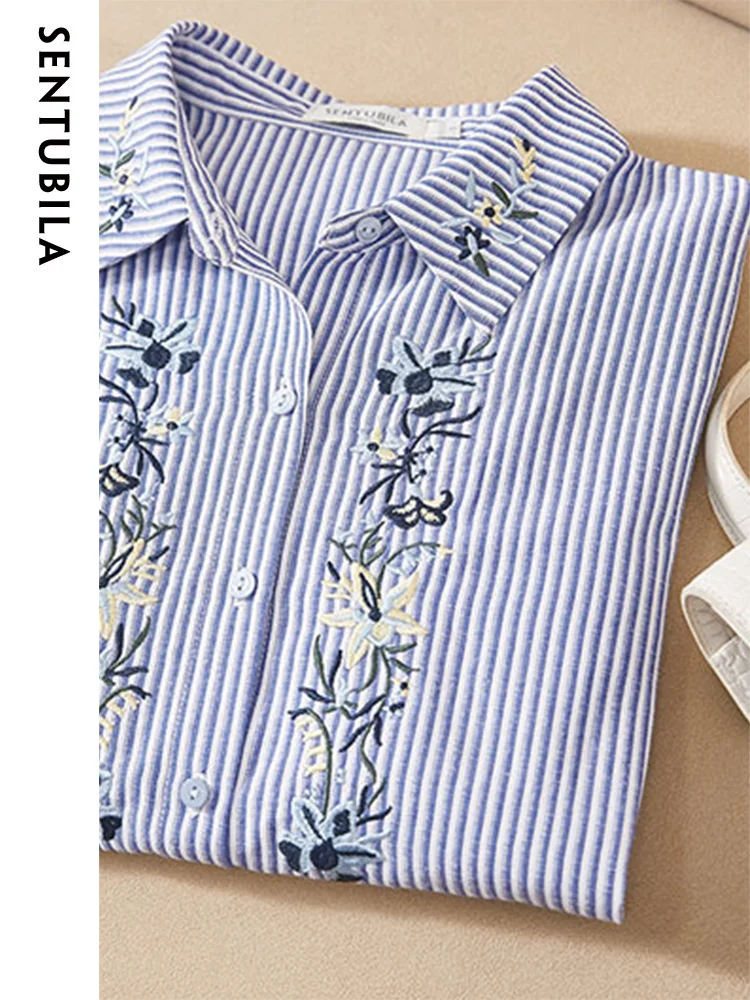 SENTUBILA Vertical Strip Embroidery Casual Shirts for Women 2024 Autumn Long Sleeve Top Lapel Button Down Shirt Blouse 123C42971