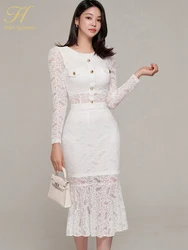 H Han Queen New White Lace Elegant Women's Sets Women Long Sleeve Tops + Mermaids Skirts Casual Office Womens 2 Piece Outfit Set