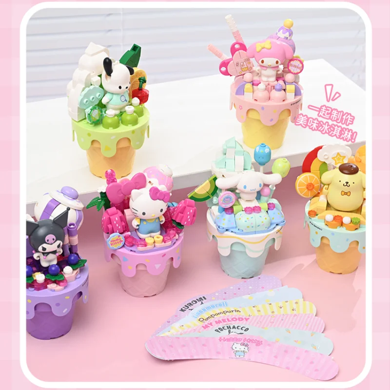 Keeppley Sanrio Ice Cream Cone Building Blocks Hello Kitty Kuromi Cinnamoroll Pochacco Model Ornaments Splicing Toy Gift